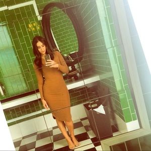 Super elegant fitted long sleeve tan dress